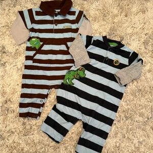 Brown and Black Striped Footies with Dinosaur Appliqué